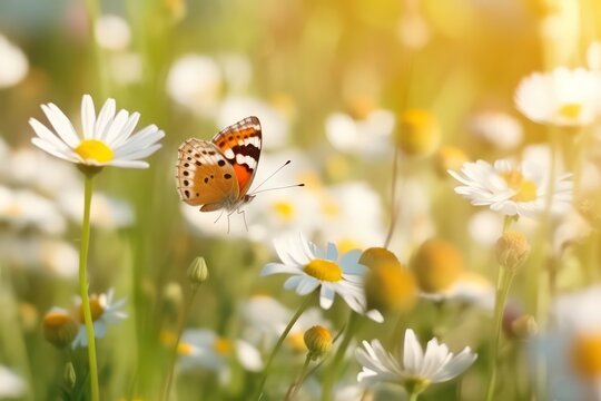 Beautiful wild flowers daisies and butterfly in morning sunlight