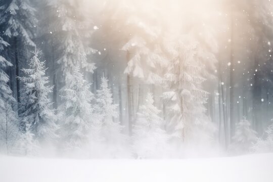 Blurry image of a winter forest small snow drifts and light background
