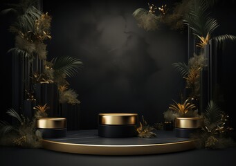 3d realistic black pedestal on a black background with golden elements and palm leaves. Empty space design luxury mockup scene for product. AI Generative.