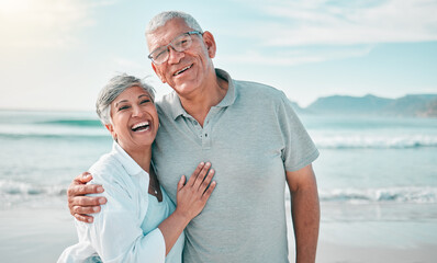 Happy, hug or portrait of old couple on beach with love, care or support on summer vacation holiday in nature. Retirement, mature man or senior woman at sea or ocean to travel on holiday together - Powered by Adobe