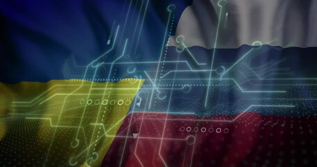 Animation of circuit board and data processing over flag of russia and ukraine - Powered by Adobe
