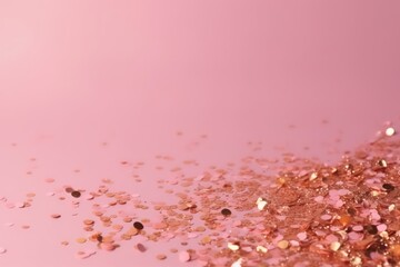 Gold sparkles on pink background. Light pink minimalist background with copy space