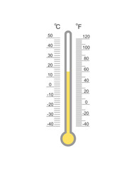 Meteorological with Celsius and Fahrenheit thermometer degree scale with warm spring or fall temperature index. Outdoor temperature measuring tool isolated on white background. Vector illustration