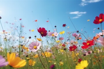 Obraz na płótnie Canvas Multicolored cosmos flowers in meadow in spring summer