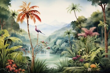 Aqua Jungle Oasis Birds and Palms in Watercolor Scene. Generative AI