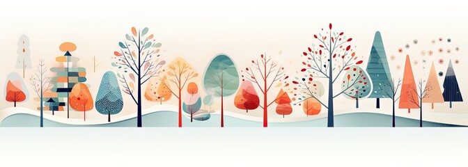 Obraz premium Winter and fall trees illustration in playful geometrics, celebration of rural, natural life. Joyful and optimistic design for a cute and minimalistic xmas seasonal card in european northern style. 