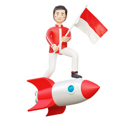 Indonesian man riding rocket holding flag celebrating independence day 3d cartoon illustration
