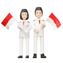 Man and woman in uniform flag hoisting troop holding flag of indonesia independence day 3d cartoon...