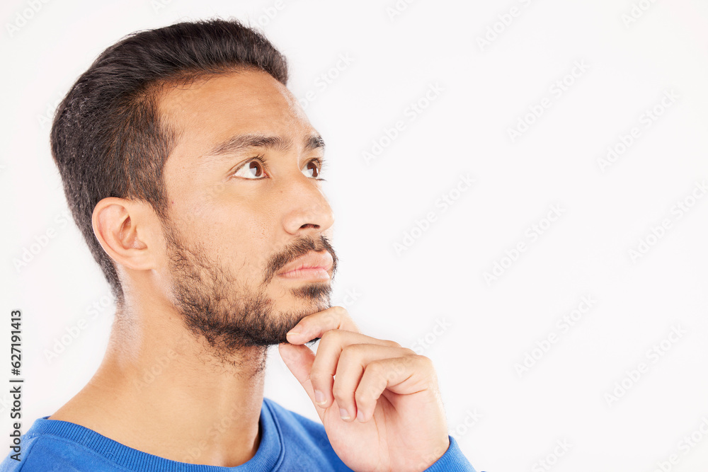 Aufkleber thinking, face and mockup man focus on development ideas, planning or brainstorming inspiration. pro