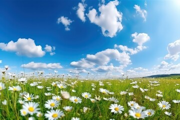 Summer landscape with meadow flowers daisies against the sky