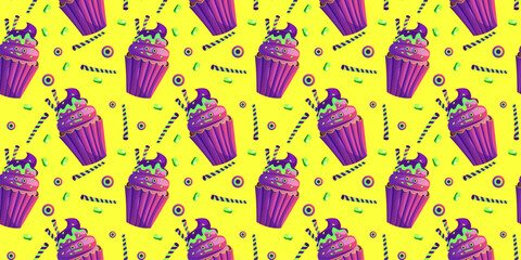 Monster cupcake seamless pattern for Halloween. Vector. can be used to create spooky and fun designs for Halloween-themed decorations, party invitations, treat bags