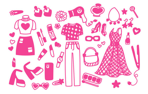 Glamorous trendy pink stickers set. Nostalgic barbiecore 2000s style collection. Can be used to design vibrant and eye-catching decorations, stationery, or digital content with a retro