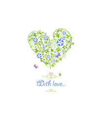 Greeting card and invitation template for wedding or birthday anniversary, flower shop logo with floral heart shape with blue periwinkle flowers, ivy style with branch and leaves on white background