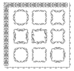 Decorative black art deco curled frames and seamless borders set for framed certificate template, diploma, invitations, headers, signboard. Modern interpretation of Islamic motifs. Part 6