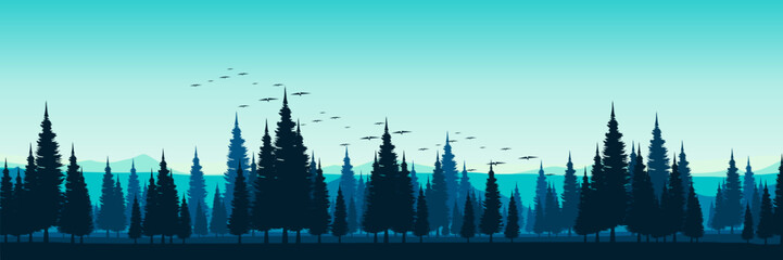 mountain nature scenery sky horizon with pine forest silhouette vector illustration good for wallpaper, backdrop, background, web banner, and design template