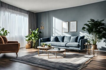 Naklejka na ściany i meble image of interior of gray walled living room with comfortable sofa center table carpet curtains potted plants while window sunlight illuminating