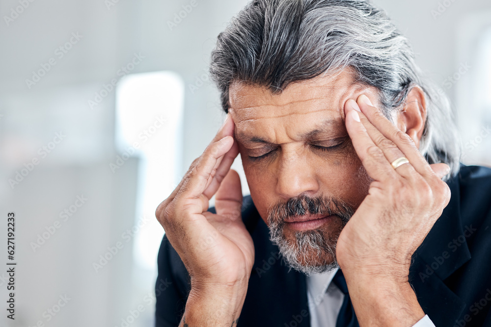 Wall mural Headache, face and senior business man with depression, corporate mistake or mental health crisis. Office anxiety, migraine pain and professional elderly person stress, problem and overwhelmed