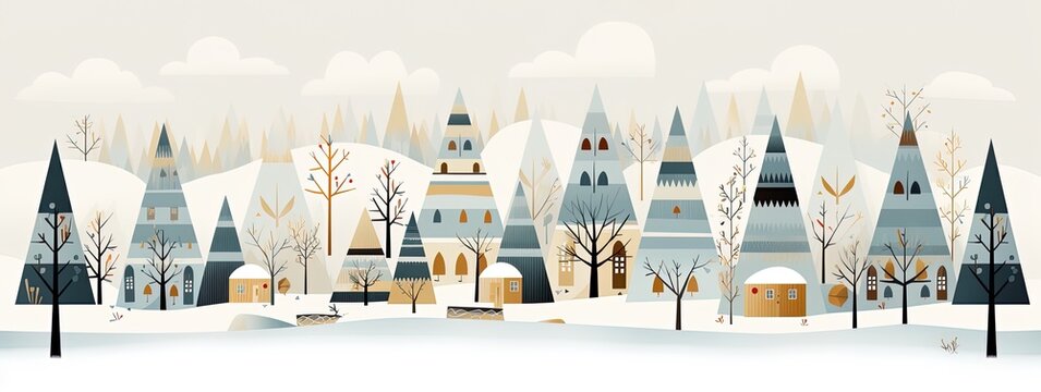 Winter and fall trees illustration in playful geometrics, celebration of rural, natural life. Joyful and optimistic design for a cute and minimalistic xmas seasonal card in european northern style. 
