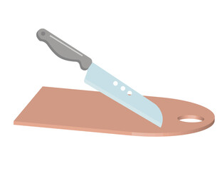 Knife and cutting board in 3D projection, kitchen items.