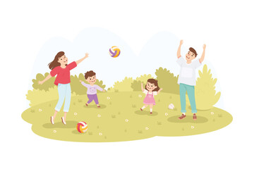 Family Playing Ball with Children on Green Meadow in Park Vector Illustration