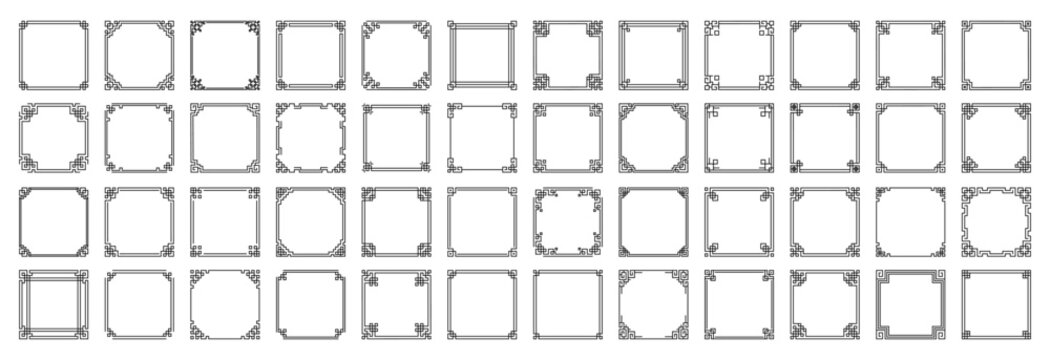 Big set of Chinese frames in traditional style. Vector illustration of Asian vintage black frames isolated on white background. For decoration of banners, holiday cards and Asian culture products.