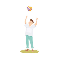 Young Man Playing Volleyball with Ball on Green Lawn Vector Illustration