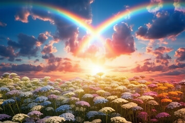 Fototapeta na wymiar field of yarrow flowers with a rainbow in the sky