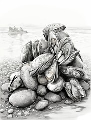Wallpaper for phone with a pencil sketch artwork mussel animal drawing.