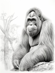 Wallpaper for phone with a pencil sketch artwork orangutan animal drawing. 