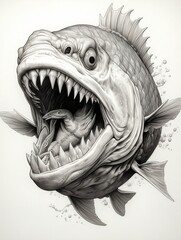 Wallpaper for phone with a pencil sketch artwork piranha animal drawing.