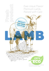 Lamb shop poster. Vintage sketch sheep with advertising text. Butcher market retro promo print. Butchery label creative typography template. Natural farm product placard engraving ewe drawing artwork