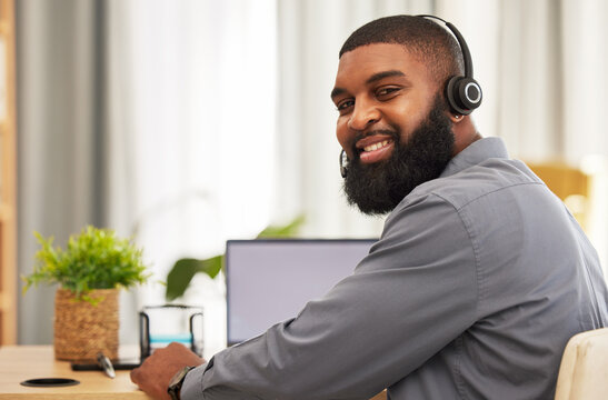 Man, Portrait And Call Center Laptop For Consultant Communication, Technical Support And Work From Home Agency. Face Of IT Person With Virtual Telemarketing, Helping And Website Contact On Computer