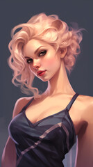 Portrait of a blonde woman wearing black dress. Hyperreal anime painting. Generative AI.