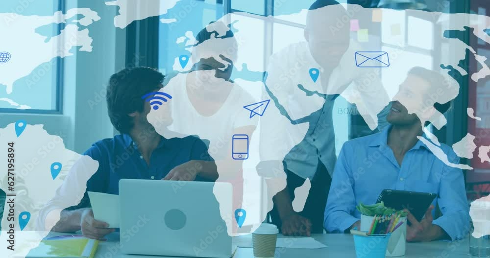 Poster animation of world map and data processing over diverse business people in office