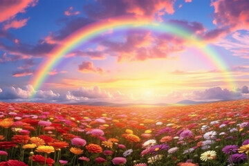 field of zinnia flowers with a rainbow in the sky