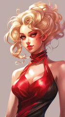 Portrait of a blonde woman wearing red dress. Hyperreal anime painting. Generative AI.