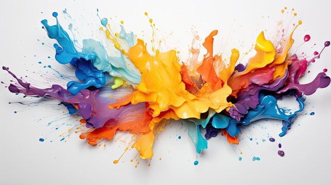 Splash of bright multicolored paints on white canvas.