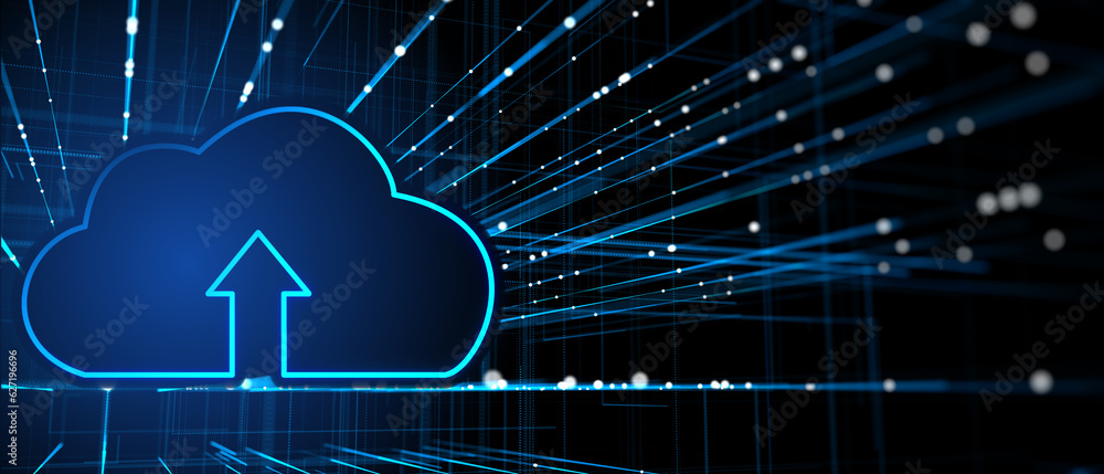 Poster Cloud technology and data transfer concept on dark blue background. 3D Rendering