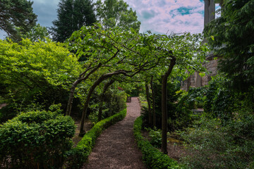 Robert Burns Memorial gardens pathways and ancient trees forming a archway