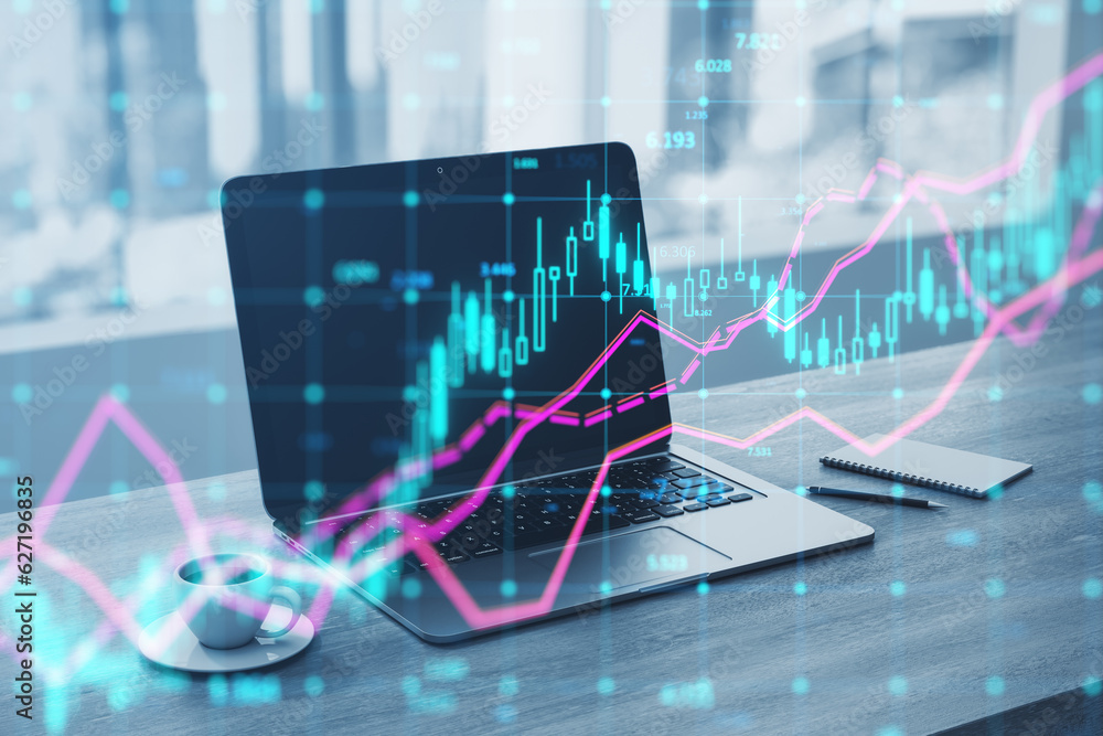 Poster close up of laptop at notebook with coffee cup and glowing forex index chart with grid on blurry bac