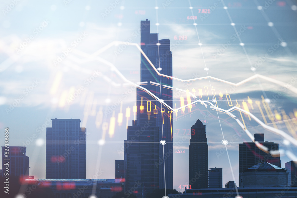 Aufkleber abstract falling forex chart with index on blurry city background. crisis and declining trade concep
