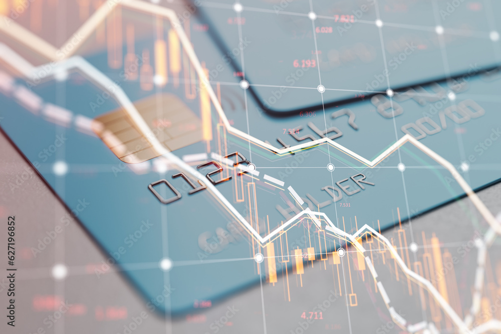 Poster close up of bank card and falling forex chart with index on blurry background. crisis and declining 