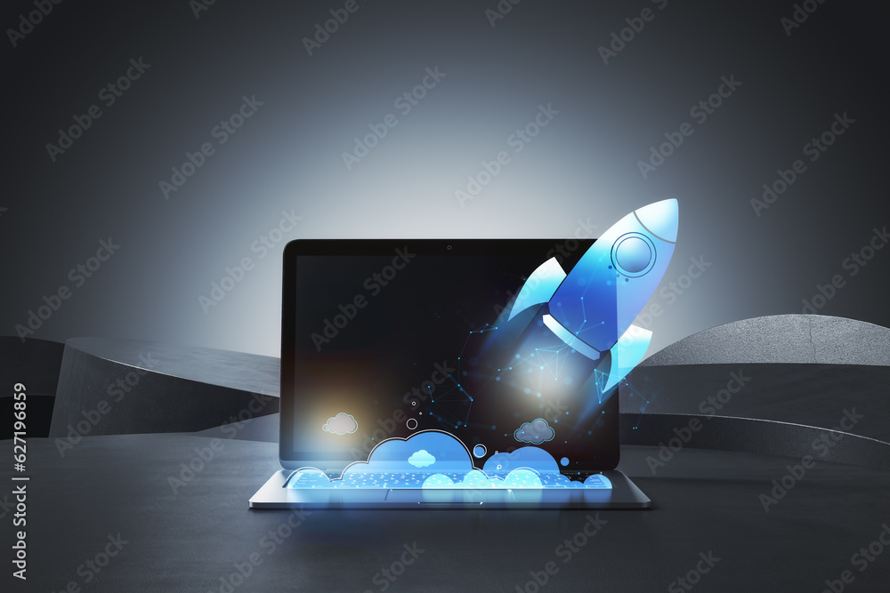 Poster close up of laptop and glowing flying blue rocket. start up and launch concept. 3d rendering.