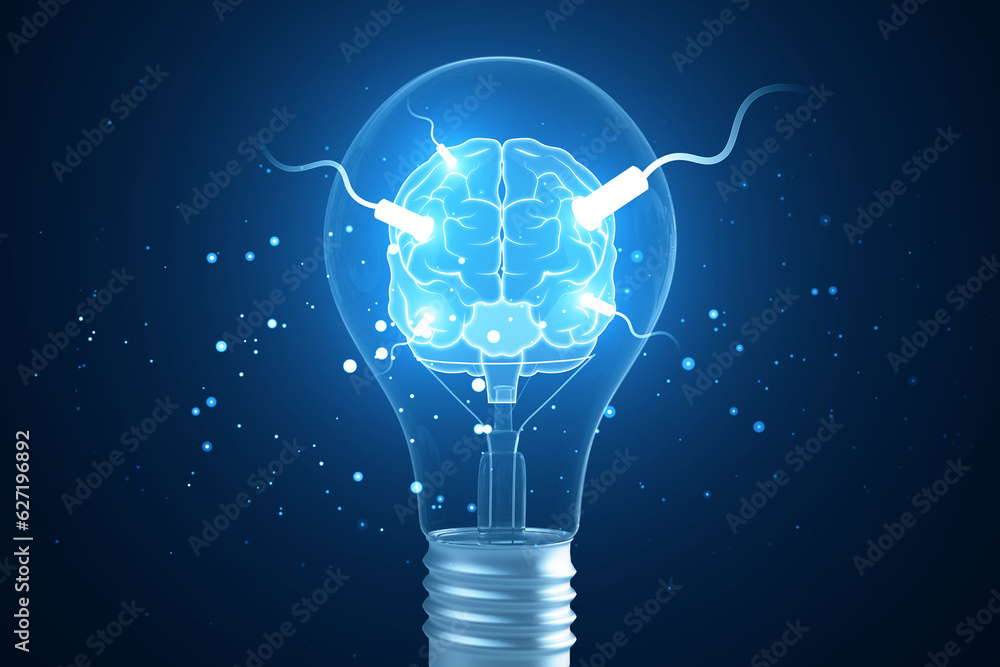 Poster creative glowing connected brain hologram and light bulb on blurry blue background. ai, mind and neu