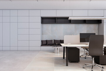 Modern white coworking office interior with furniture. 3D Rendering.