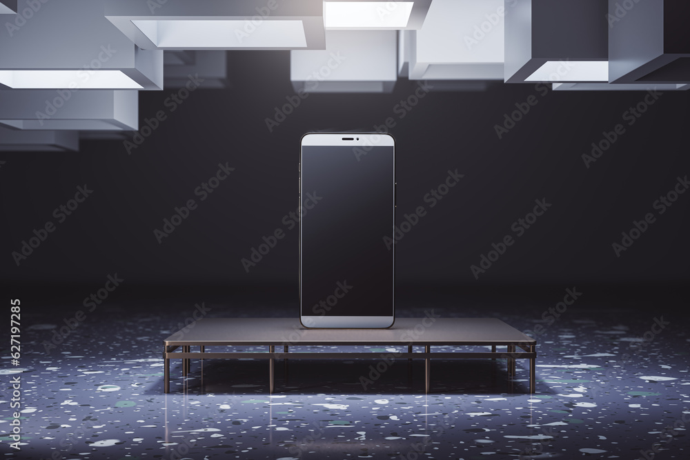 Poster modern grunge interior with empty mock up mobile phone on pedestal pedestal. 3d rendering.