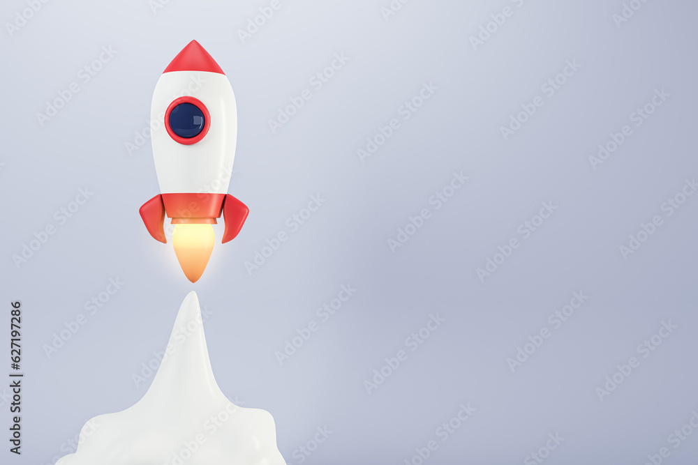Poster startup and promotion concept with launched rocket and empty space for your logo on light background