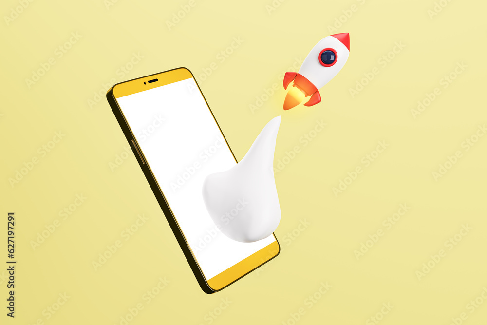 Poster Creative yellow background with flying rocket, smartphone. SEO, startup and web development concept. 3D Rendering.