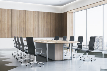 Perspective view of empty modern conference room with office desk and chairs, wooden wall and window. 3D Rendering