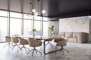 Perspective view of modern luxury meeting room interior with office desk and chairs, panoramic window, black and grey wall and tiles floor. 3D Rendering